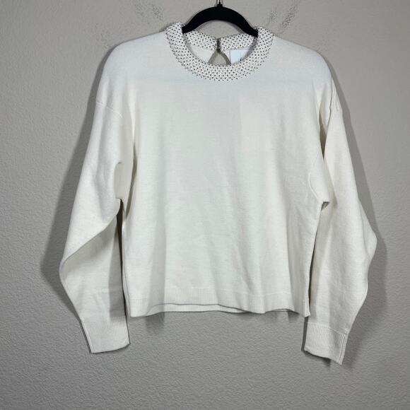 (Nude) Fashion 38/Small Crewneck Knit Beaded Sweater White Wool Long Sleeves - Picture 1 of 11
